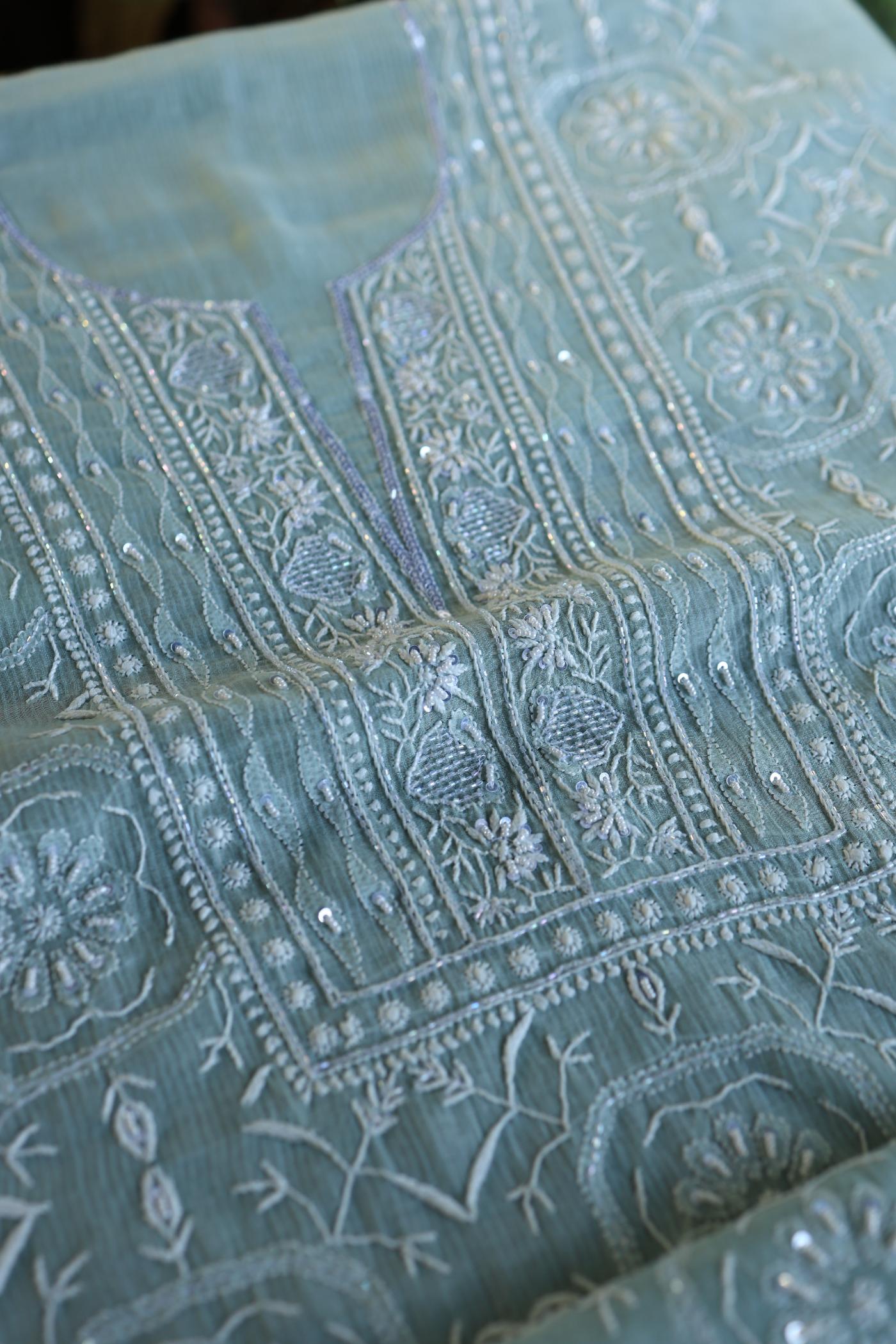 Greyish Blue Shade Chanderi Silk Mukaish Badla Unstitched Fabric