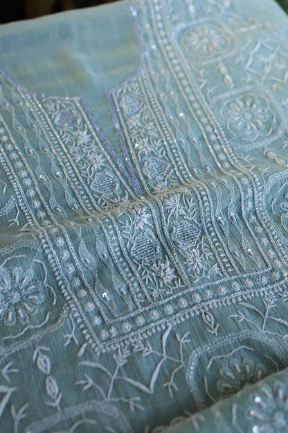 Greyish Blue Shade Chanderi Silk Mukaish Badla Unstitched Fabric