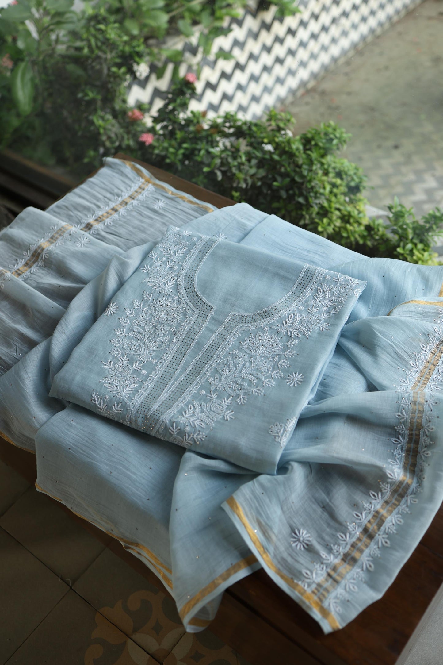 Greyish Blue Shade Mal Cotton Fine Chikankari Unstitched Fabric