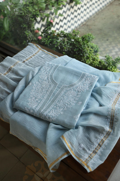 Greyish Blue Shade Mal Cotton Fine Chikankari Unstitched Fabric