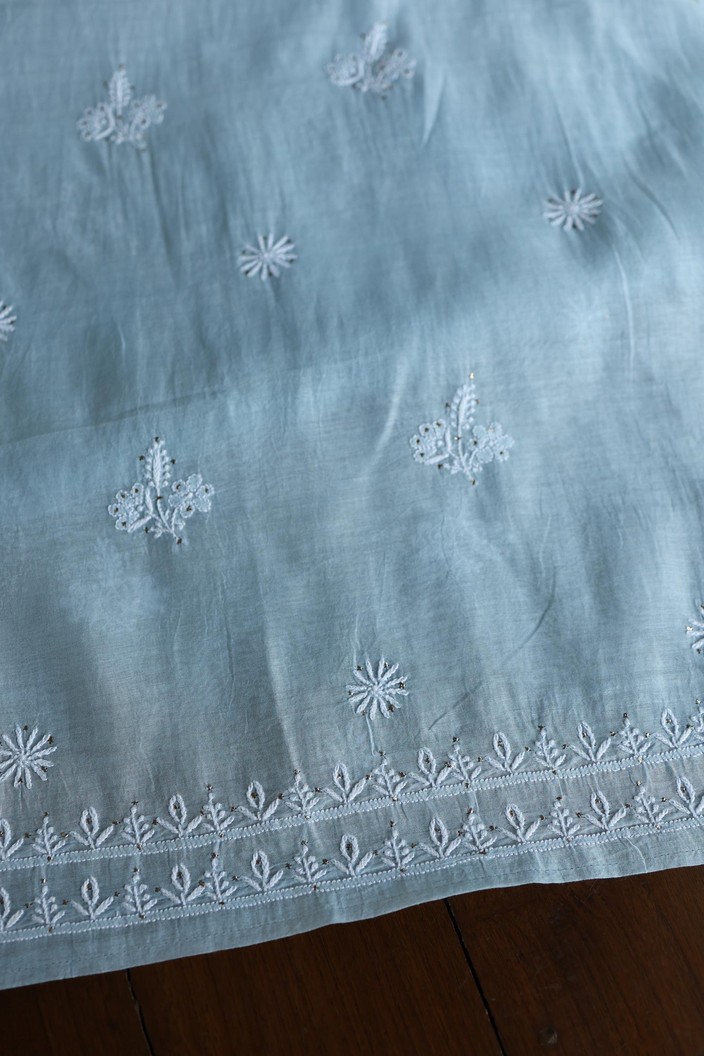 Greyish Blue Shade Mal Cotton Fine Chikankari Unstitched Fabric
