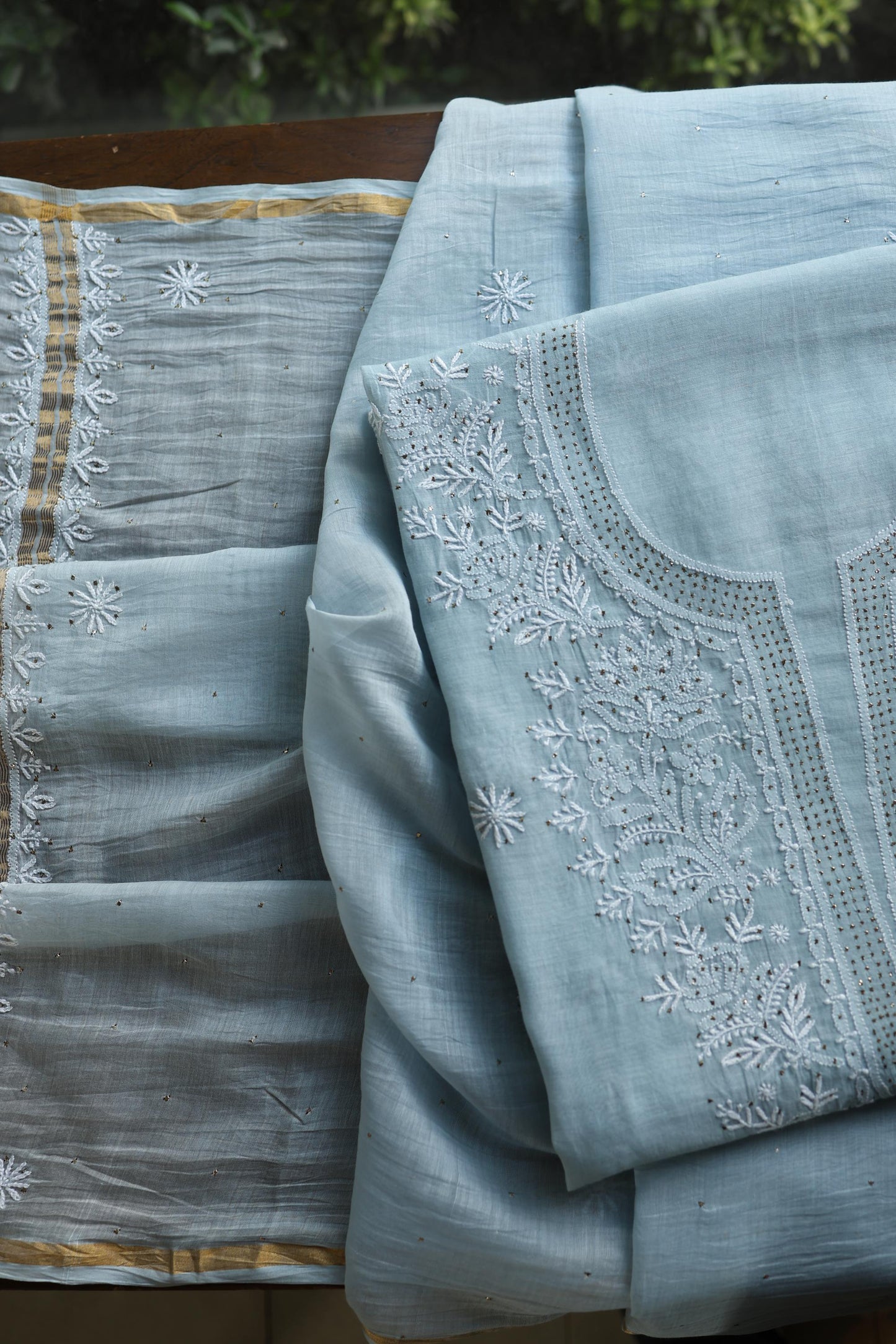 Greyish Blue Shade Mal Cotton Fine Chikankari Unstitched Fabric