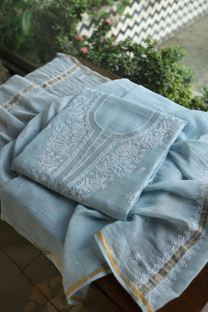 Greyish Blue Shade Mal Cotton Fine Chikankari Unstitched Fabric