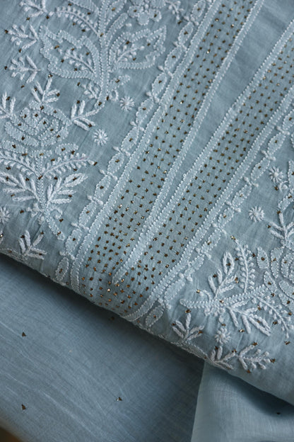 Greyish Blue Shade Mal Cotton Fine Chikankari Unstitched Fabric