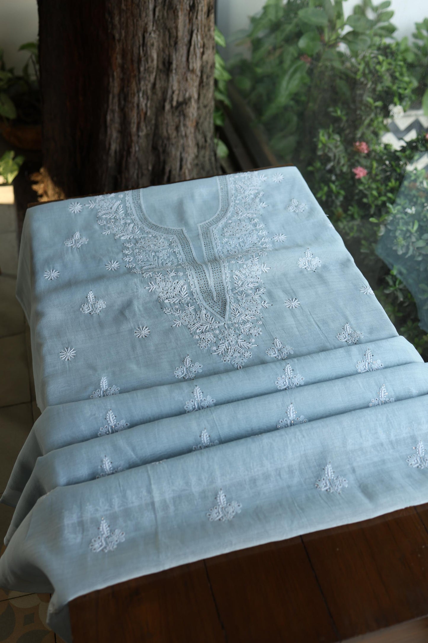 Greyish Blue Shade Mal Cotton Fine Chikankari Unstitched Fabric