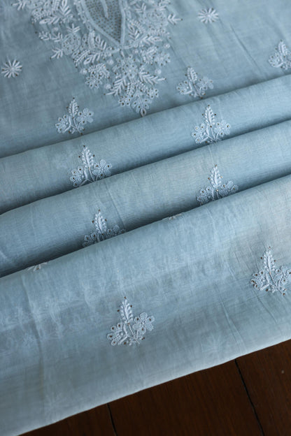 Greyish Blue Shade Mal Cotton Fine Chikankari Unstitched Fabric