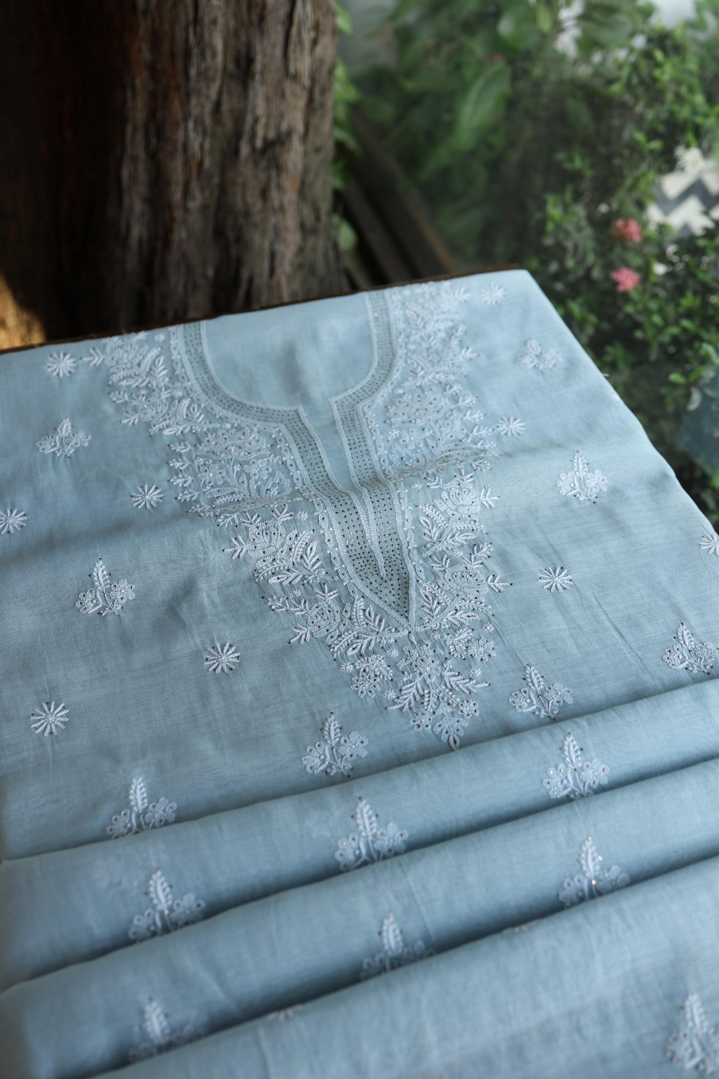 Greyish Blue Shade Mal Cotton Fine Chikankari Unstitched Fabric