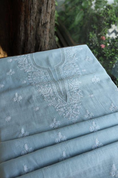 Greyish Blue Shade Mal Cotton Fine Chikankari Unstitched Fabric