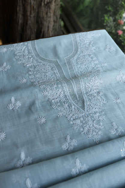 Greyish Blue Shade Mal Cotton Fine Chikankari Unstitched Fabric