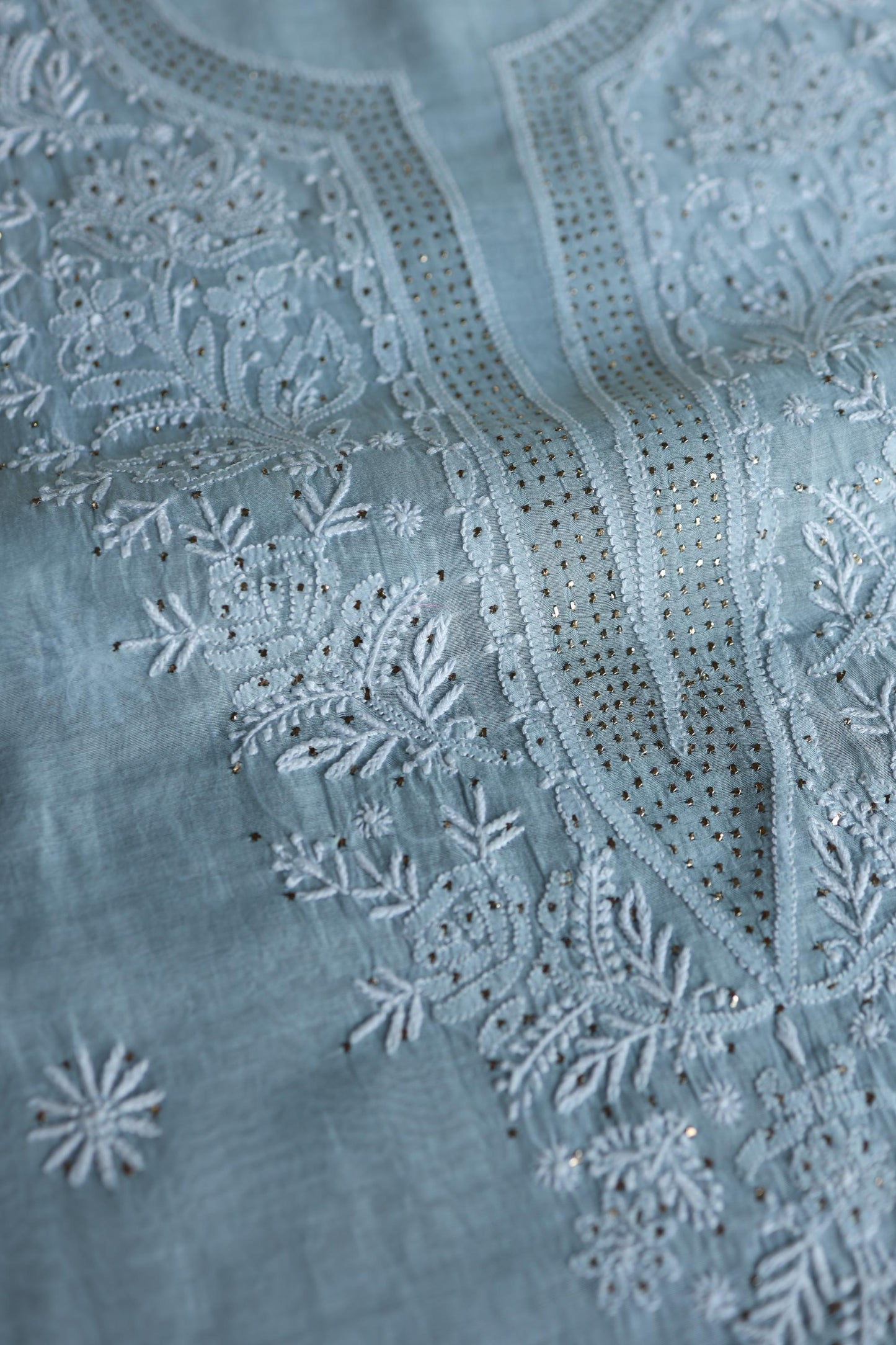 Greyish Blue Shade Mal Cotton Fine Chikankari Unstitched Fabric