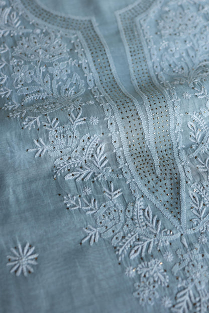 Greyish Blue Shade Mal Cotton Fine Chikankari Unstitched Fabric