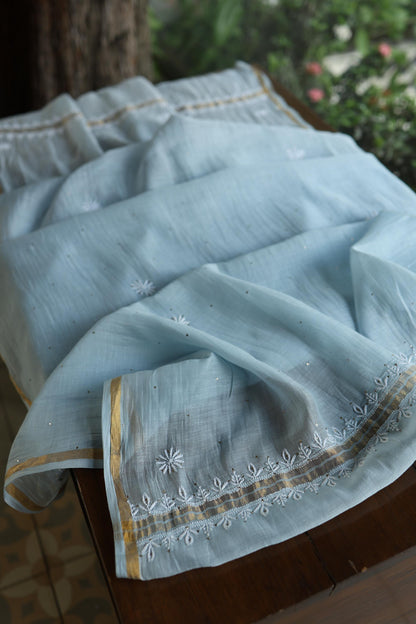 Greyish Blue Shade Mal Cotton Fine Chikankari Unstitched Fabric