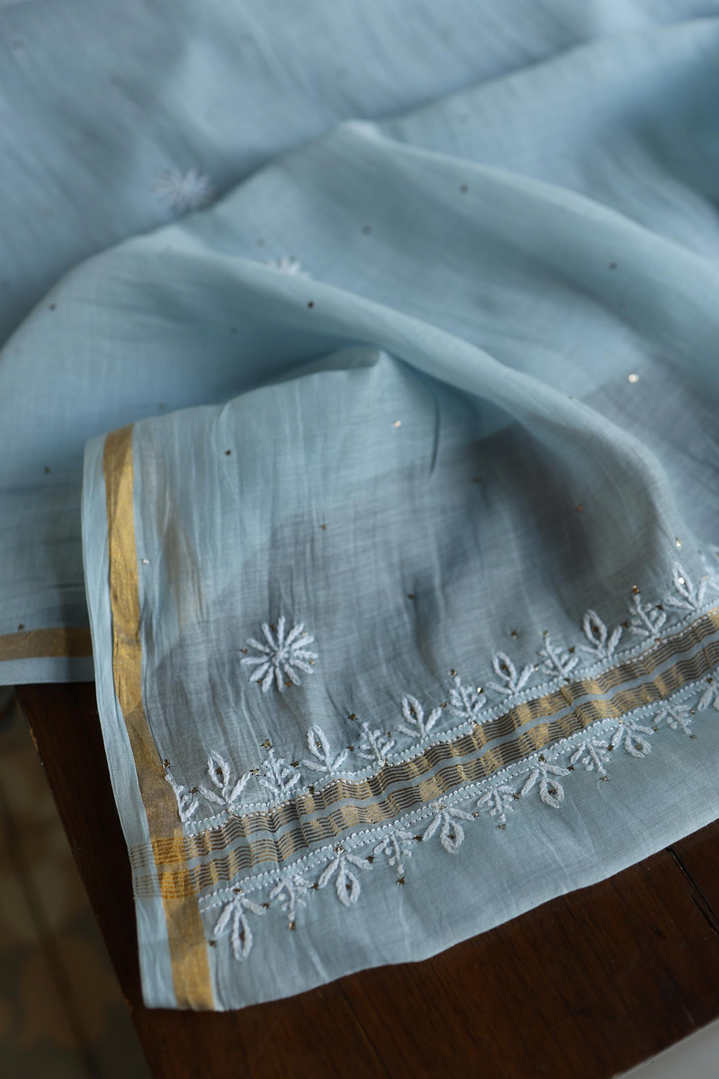Greyish Blue Shade Mal Cotton Fine Chikankari Unstitched Fabric