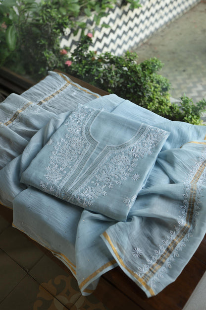 Greyish Blue Shade Mal Cotton Fine Chikankari Unstitched Fabric
