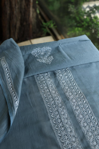 Greyish Blue Shade Mulmul Chikankari Unstitched Men's Kurtas Fabric
