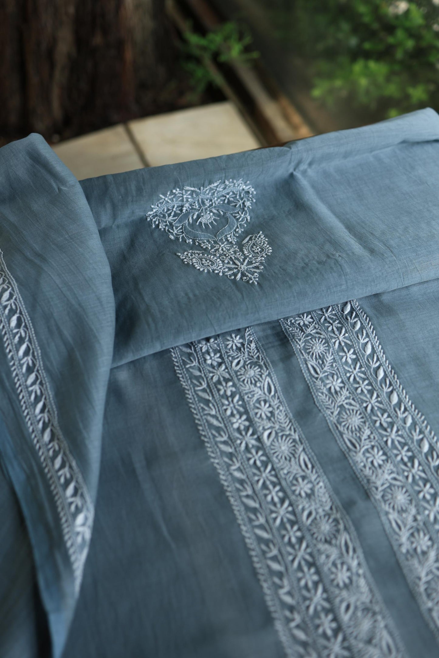 Greyish Blue Shade Mulmul Chikankari Unstitched Men's Kurtas Fabric