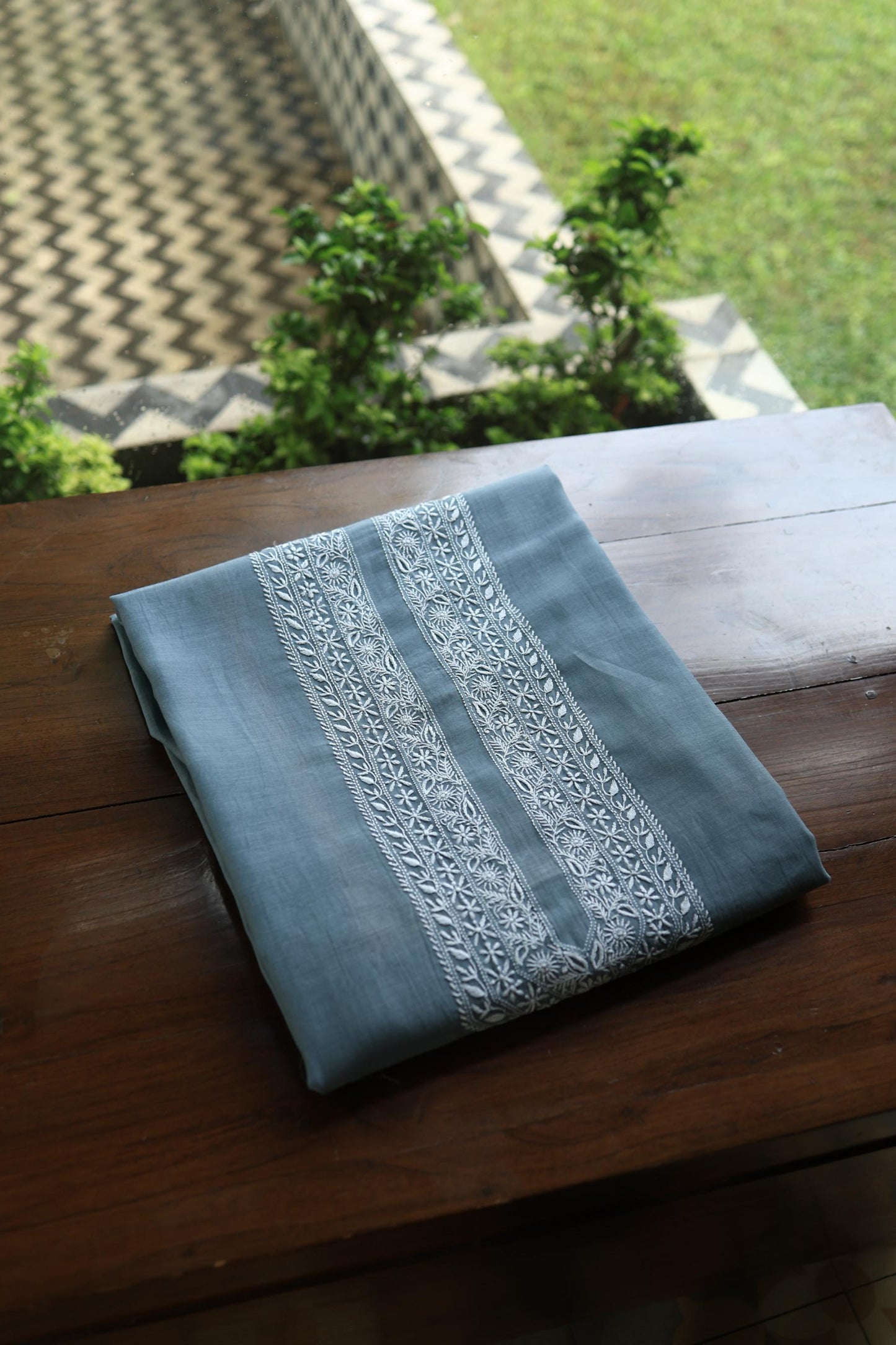 Greyish Blue Shade Mulmul Chikankari Unstitched Men's Kurtas Fabric
