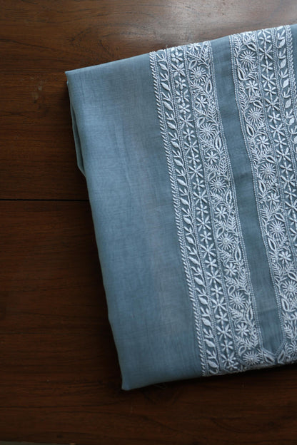 Greyish Blue Shade Mulmul Chikankari Unstitched Men's Kurtas Fabric