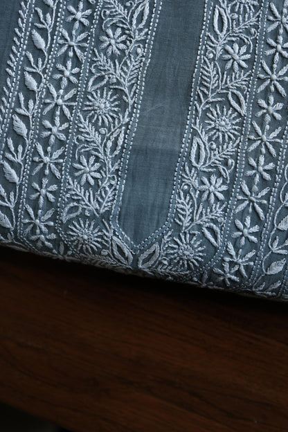 Greyish Blue Shade Mulmul Chikankari Unstitched Men's Kurtas Fabric