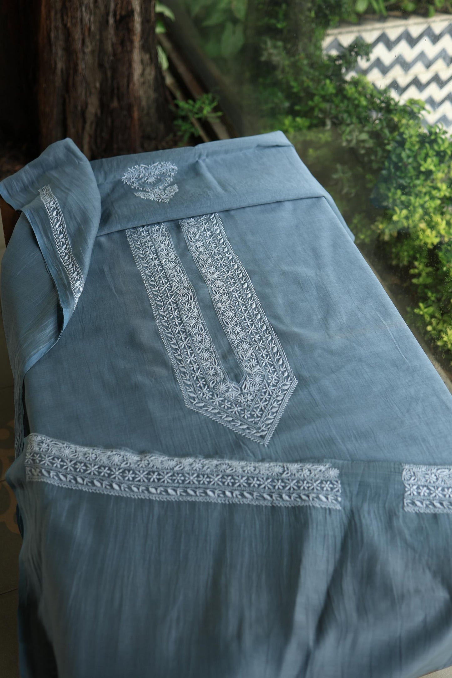 Greyish Blue Shade Mulmul Chikankari Unstitched Men's Kurtas Fabric