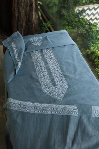 Greyish Blue Shade Mulmul Chikankari Unstitched Men's Kurtas Fabric