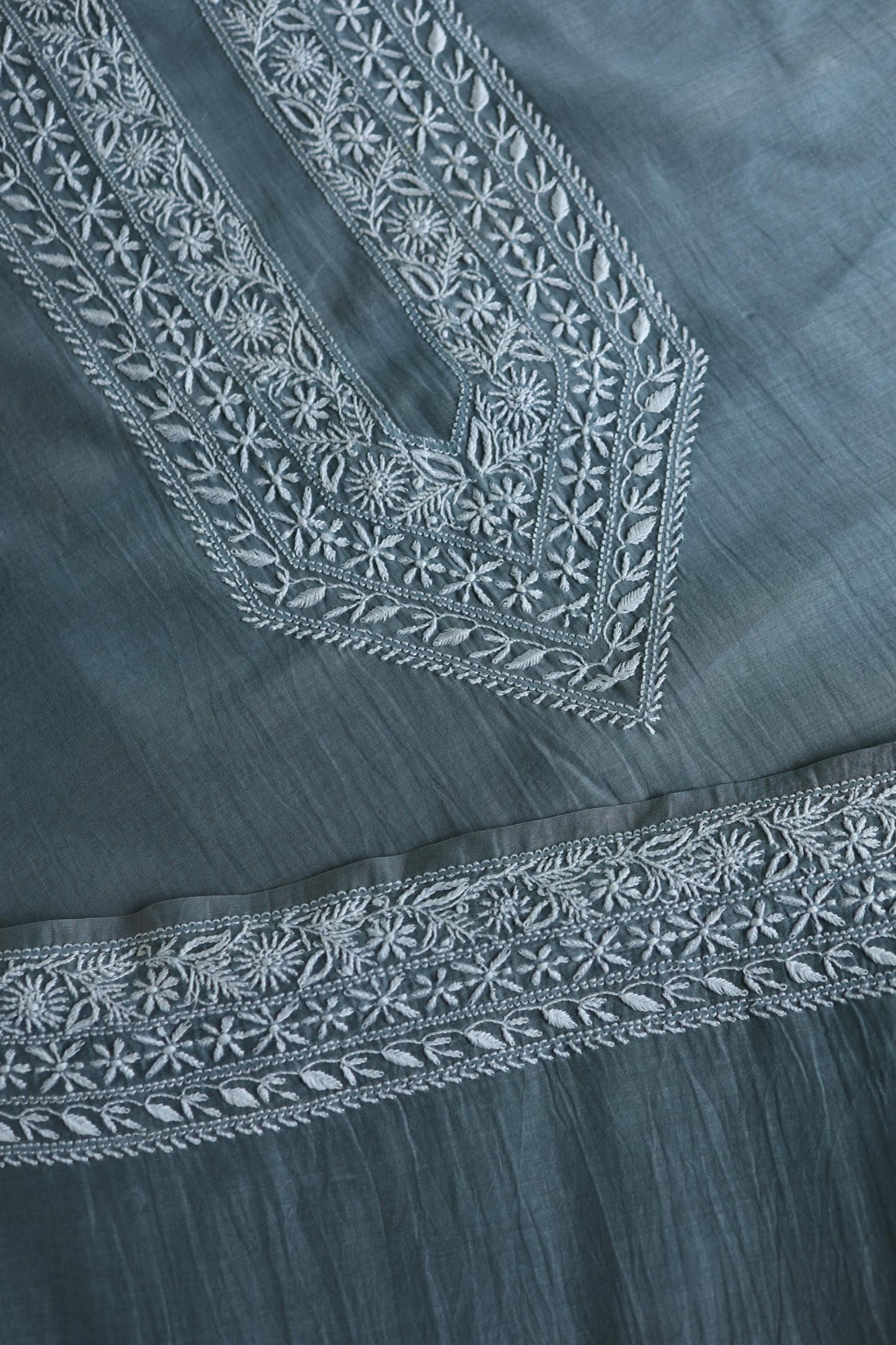 Greyish Blue Shade Mulmul Chikankari Unstitched Men's Kurtas Fabric