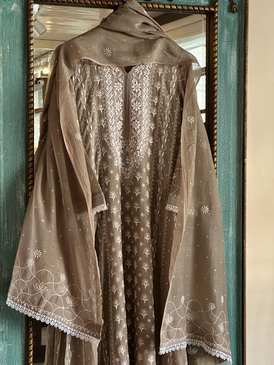 Greyish Brown Shade Malmal Pearl Work Chikankari A Line Kalidar Kurta With Dupatta