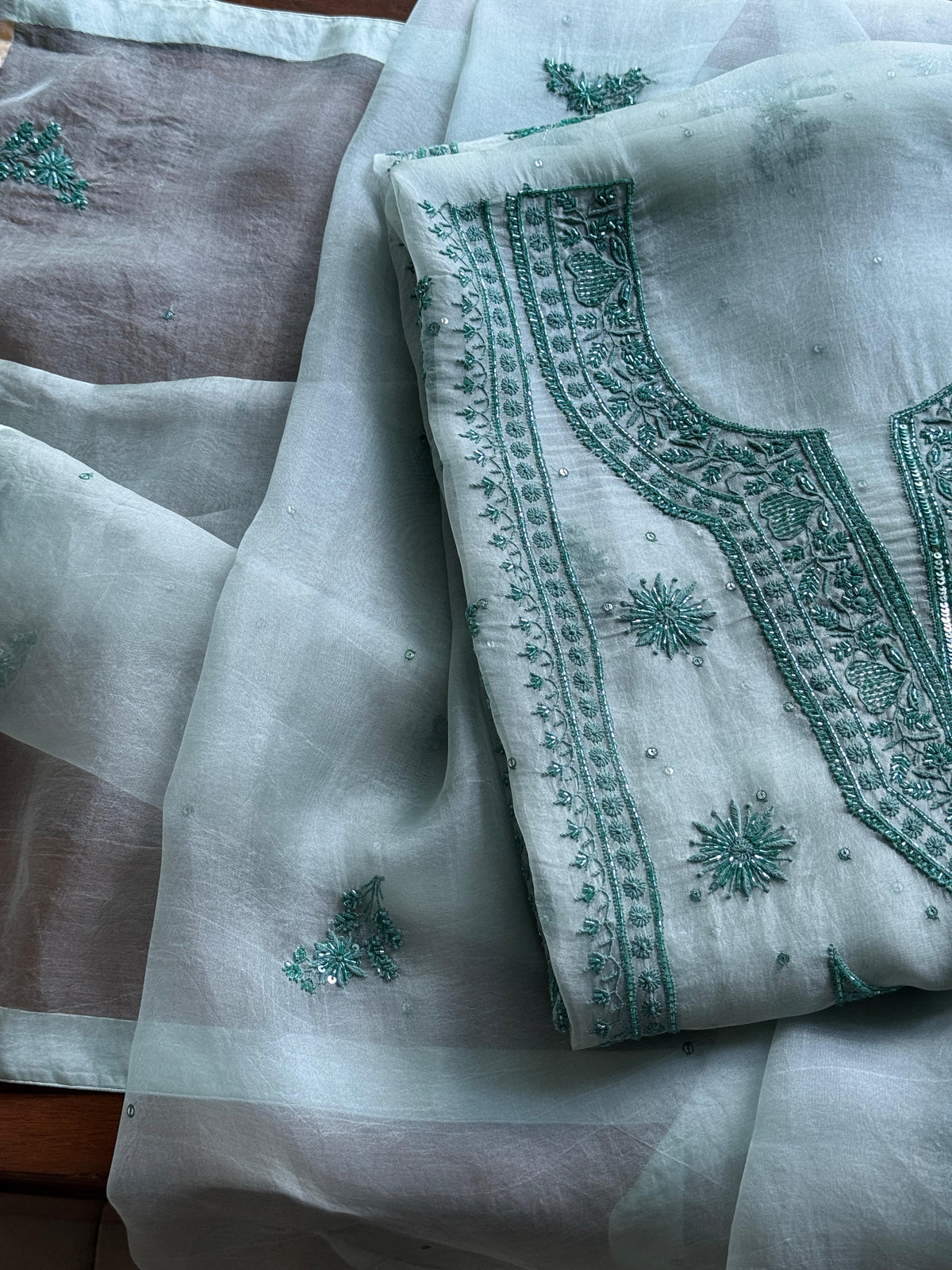 Greyish Green Shade Noor Organza Silk Chikankari Unstitched Kurta Dupatta Set