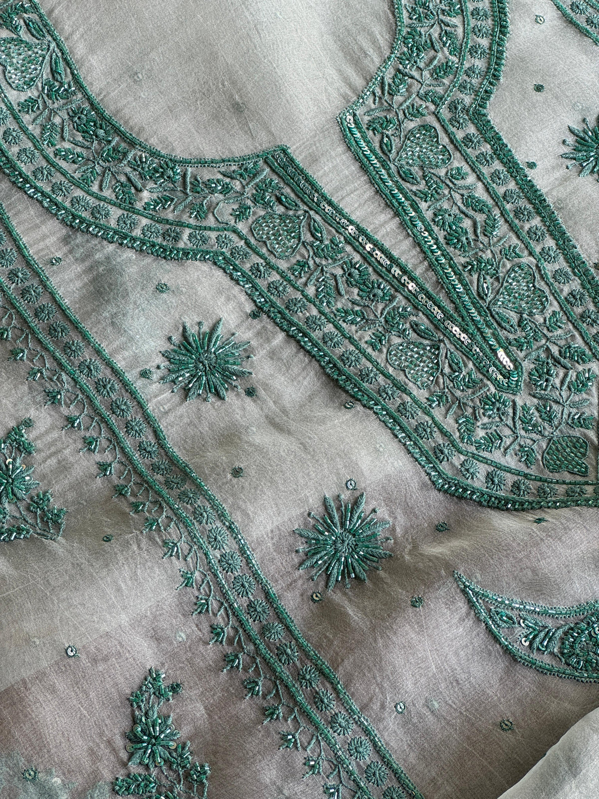 Greyish Green Shade Noor Organza Silk Chikankari Unstitched Kurta Dupatta Set