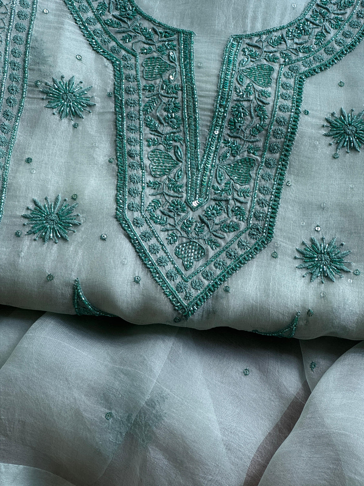 Greyish Green Shade Noor Organza Silk Chikankari Unstitched Kurta Dupatta Set