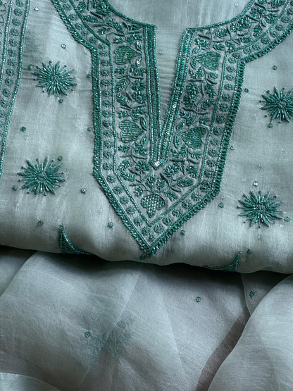Greyish Green Shade Noor Organza Silk Chikankari Unstitched Kurta Dupatta Set