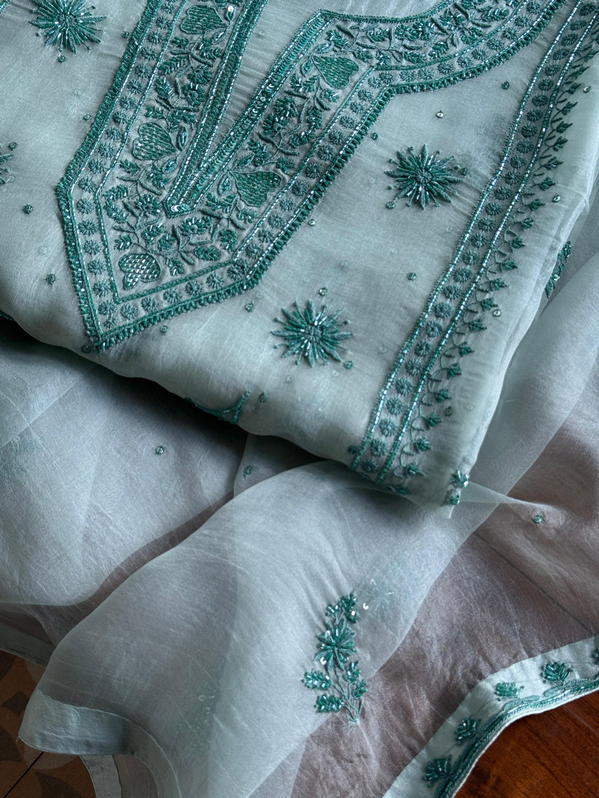 Greyish Green Shade Noor Organza Silk Chikankari Unstitched Kurta Dupatta Set