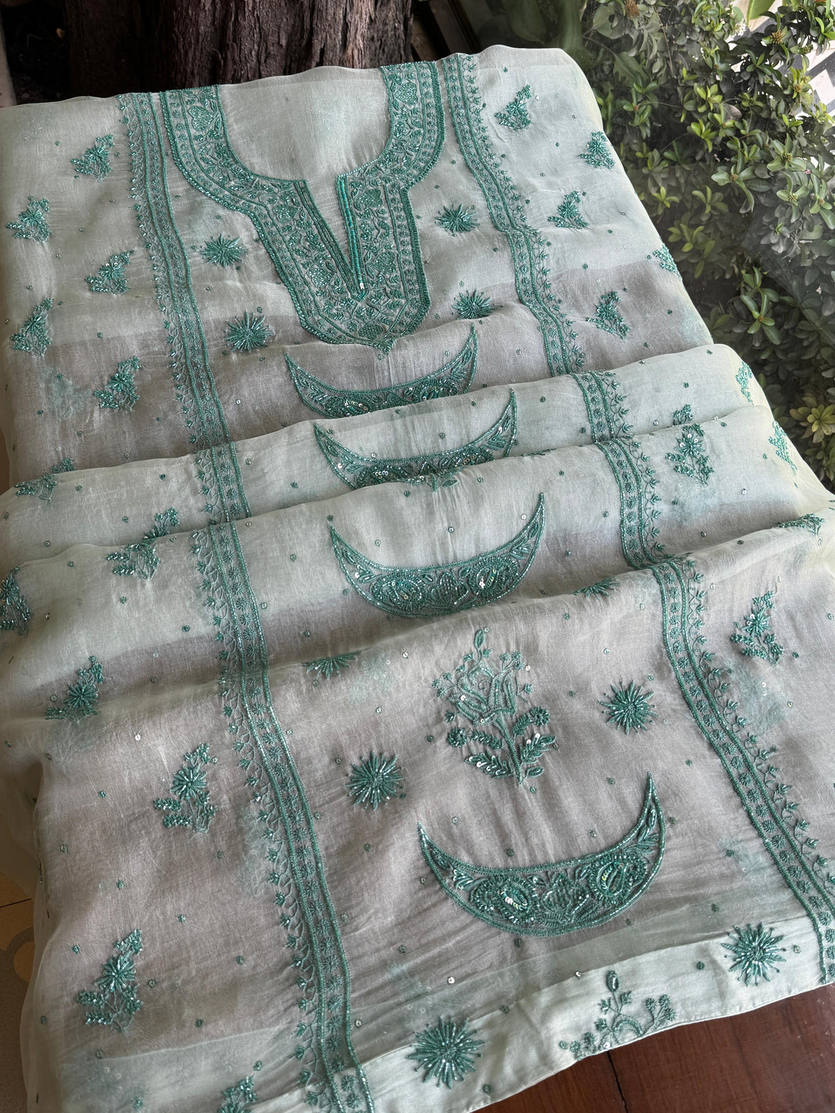Greyish Green Shade Noor Organza Silk Chikankari Unstitched Kurta Dupatta Set