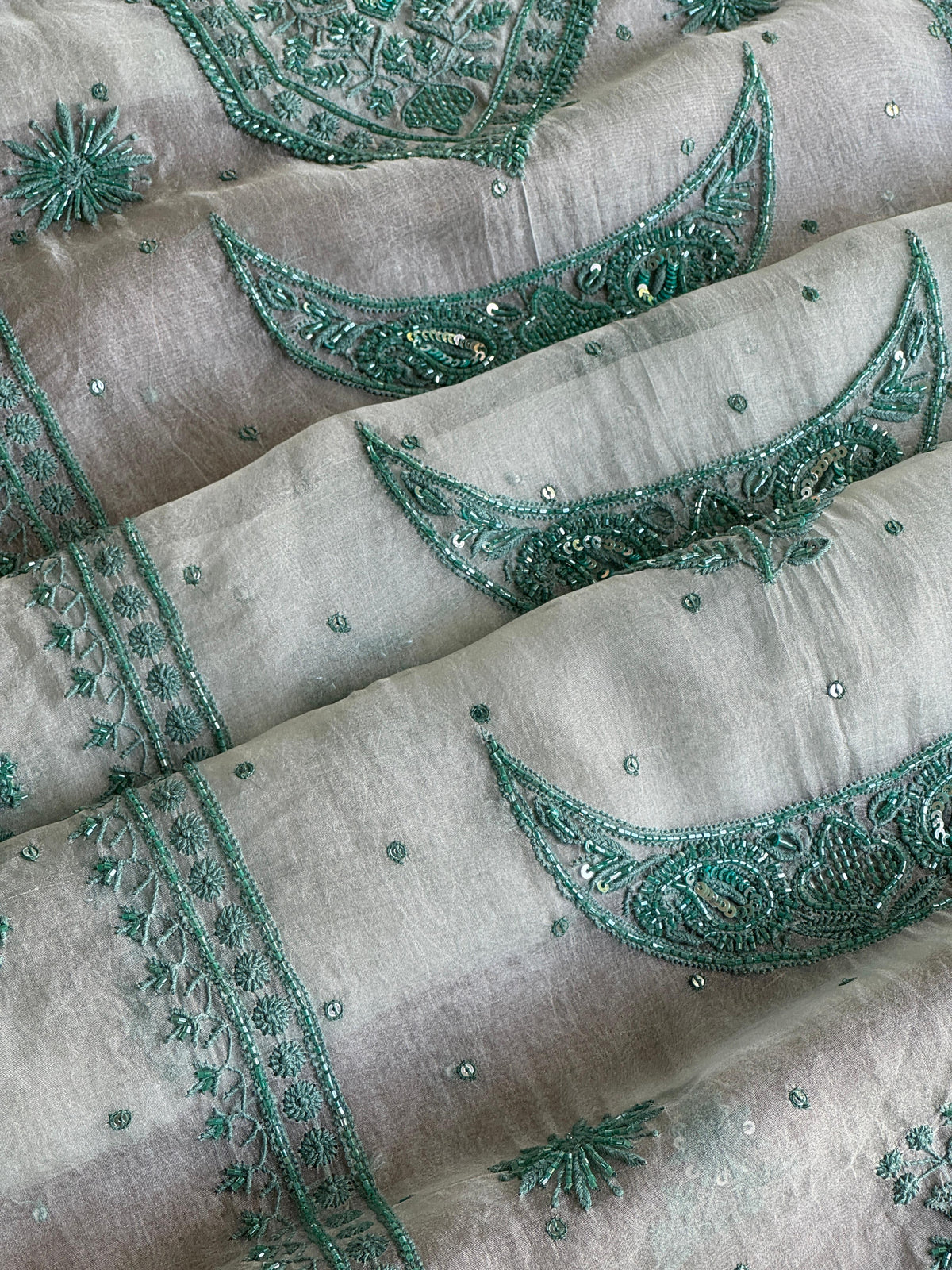 Greyish Green Shade Noor Organza Silk Chikankari Unstitched Kurta Dupatta Set