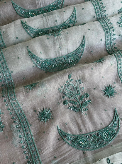 Greyish Green Shade Noor Organza Silk Chikankari Unstitched Kurta Dupatta Set