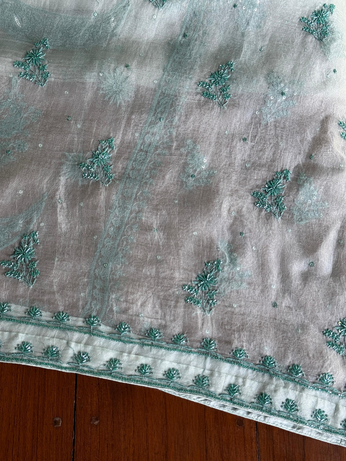 Greyish Green Shade Noor Organza Silk Chikankari Unstitched Kurta Dupatta Set