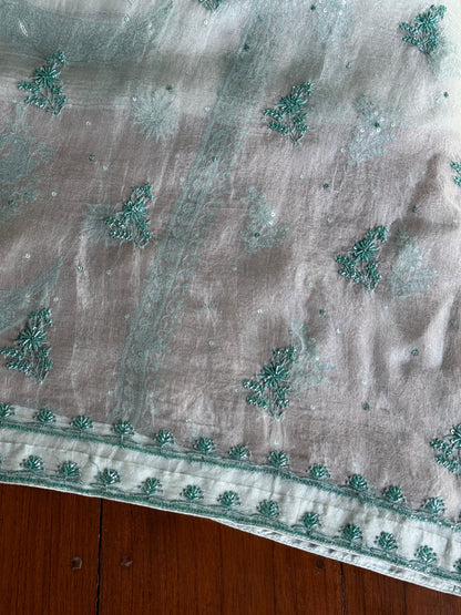Greyish Green Shade Noor Organza Silk Chikankari Unstitched Kurta Dupatta Set