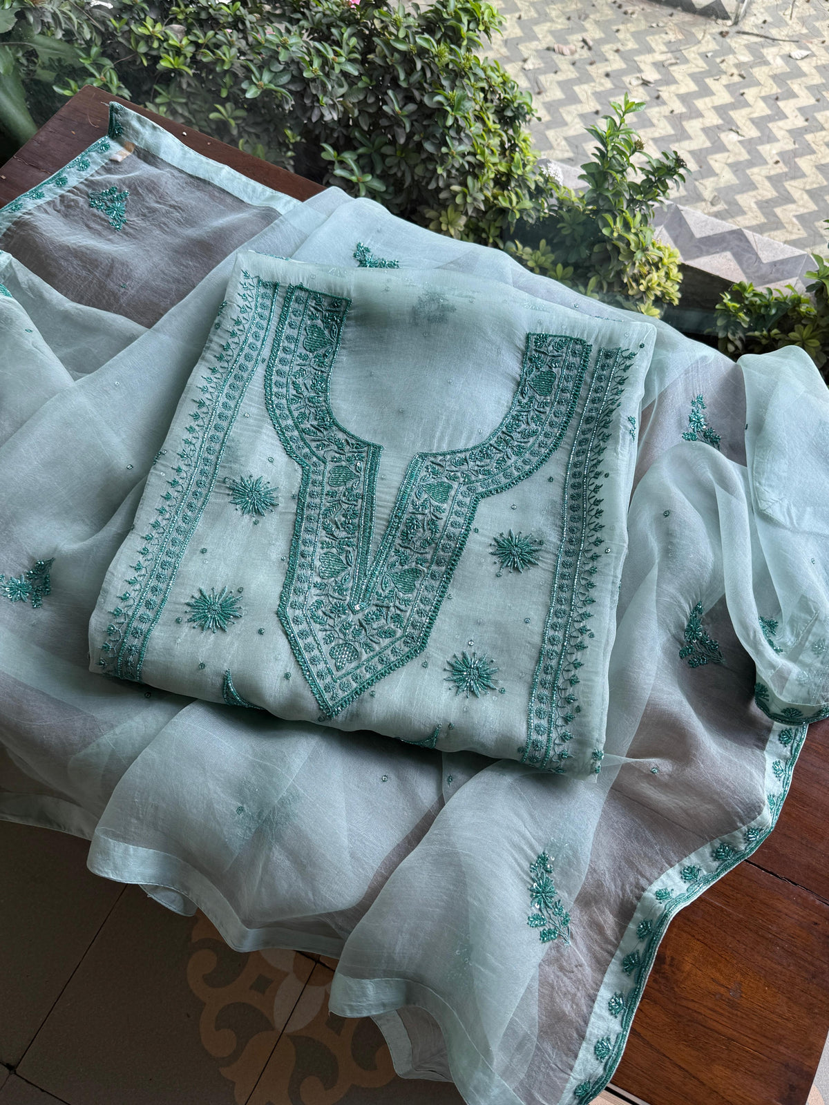 Greyish Green Shade Noor Organza Silk Chikankari Unstitched Kurta Dupatta Set