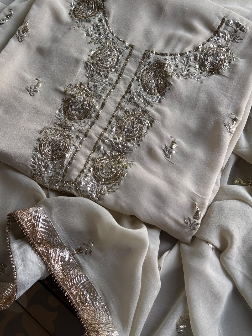Greyish Ivory Mukaish Badla Pure Georgette Kurta Set