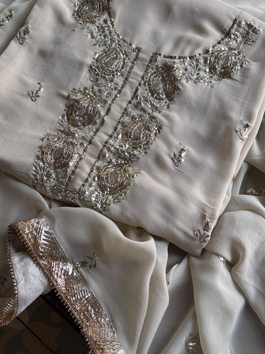 Greyish Ivory Mukaish Badla Pure Georgette Kurta Set