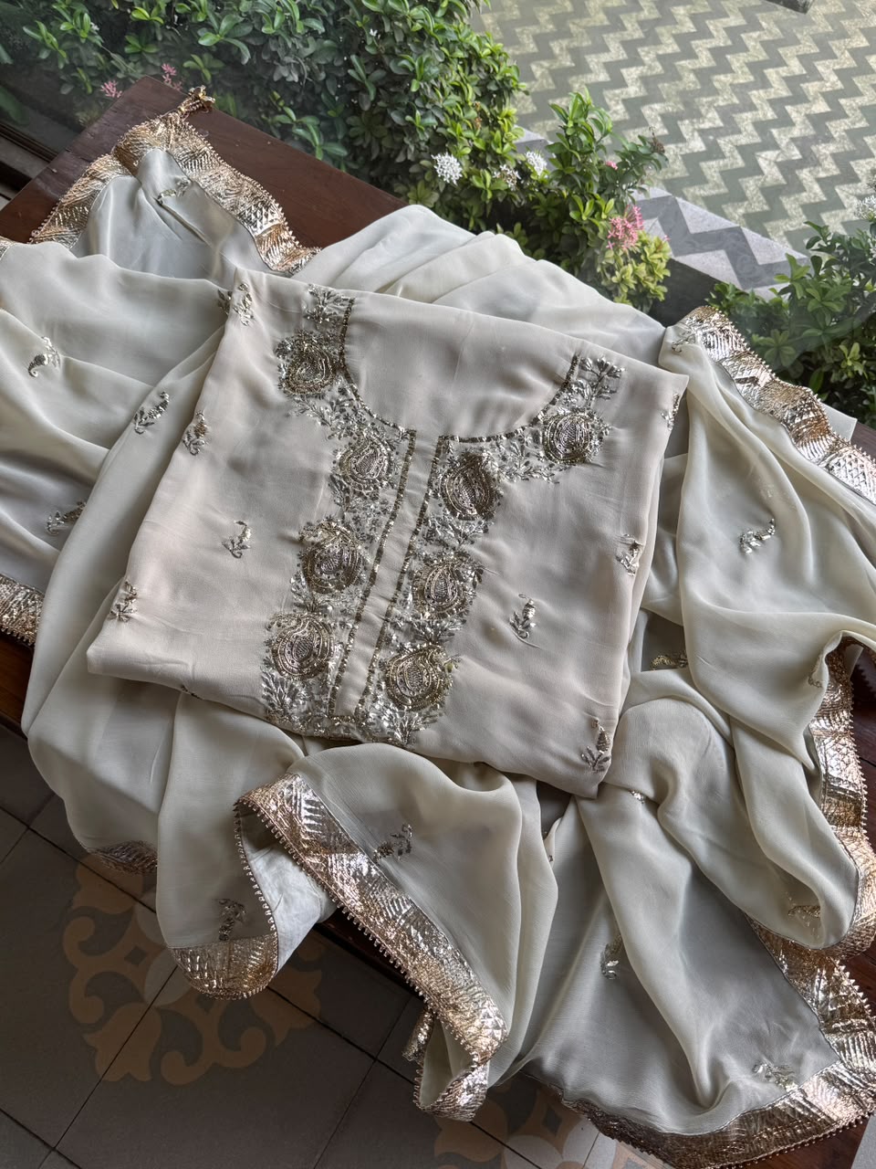 Greyish Ivory Mukaish Badla Pure Georgette Kurta Set