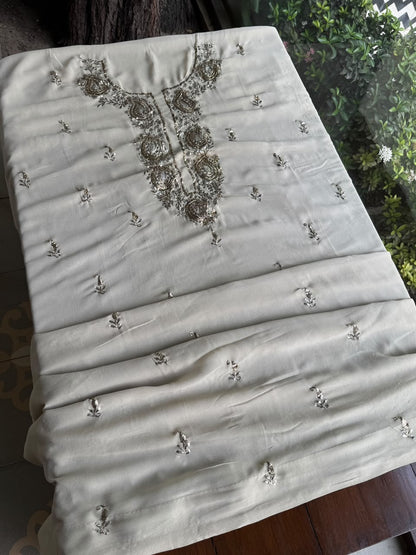 Greyish Ivory Mukaish Badla Pure Georgette Kurta Set