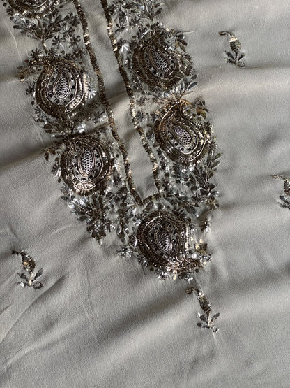 Greyish Ivory Mukaish Badla Pure Georgette Kurta Set