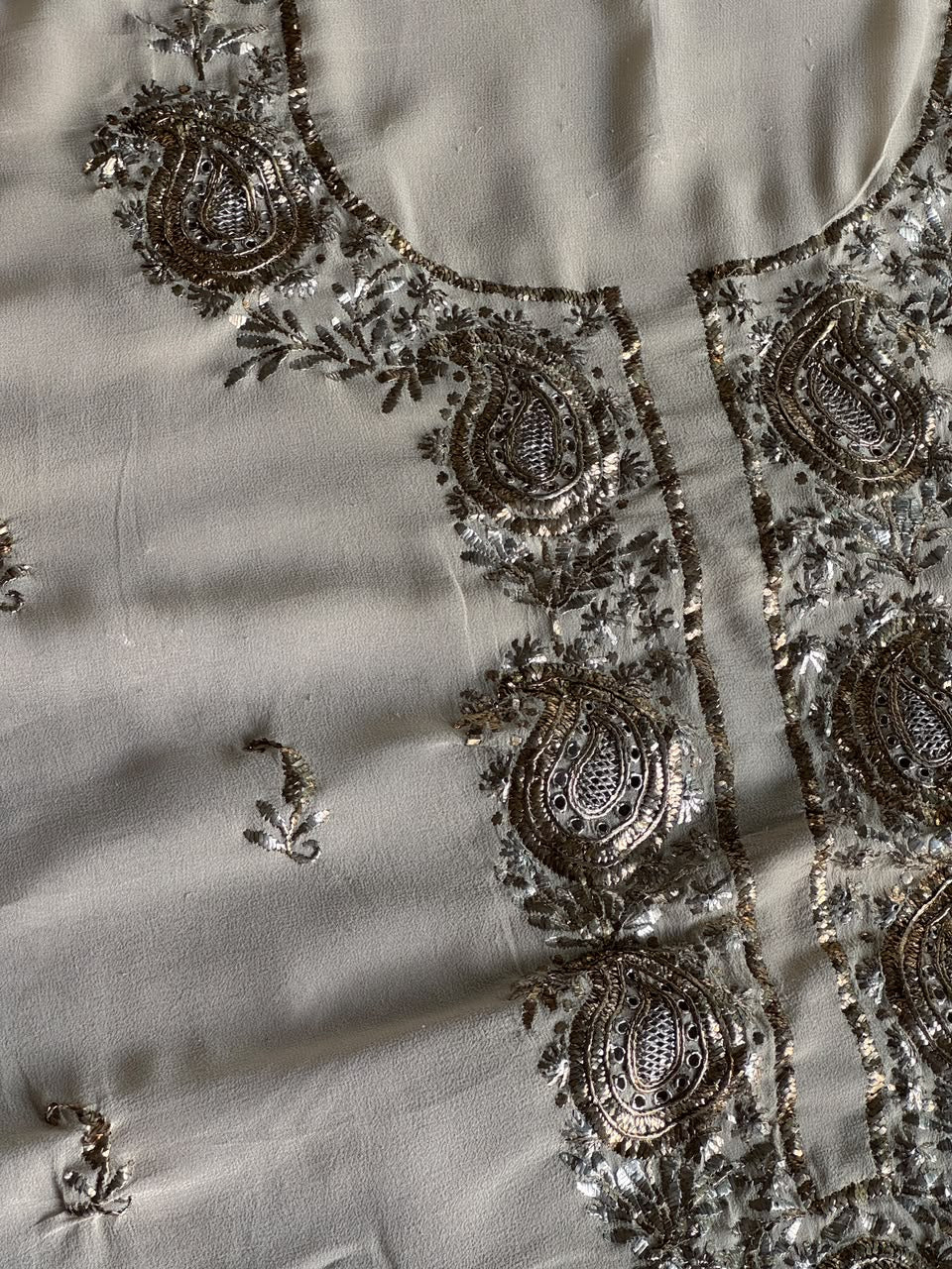 Greyish Ivory Mukaish Badla Pure Georgette Kurta Set