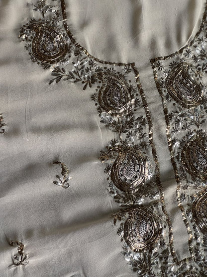 Greyish Ivory Mukaish Badla Pure Georgette Kurta Set