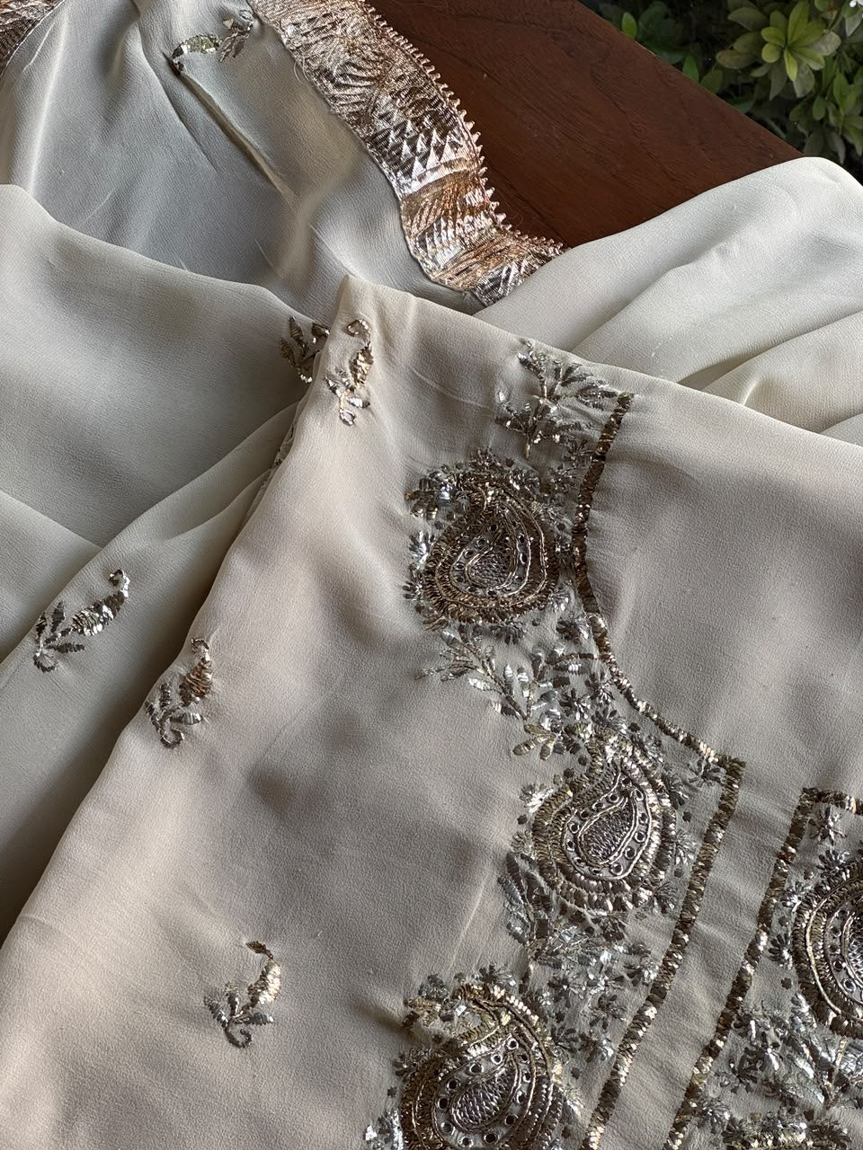 Greyish Ivory Mukaish Badla Pure Georgette Kurta Set