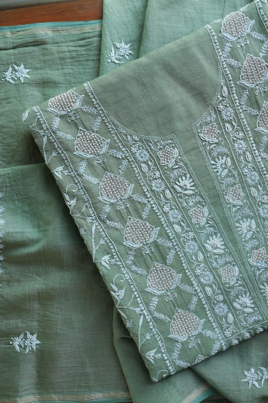 Greyish Teal Tissue Silk Chikankari Unstitched Fabric
