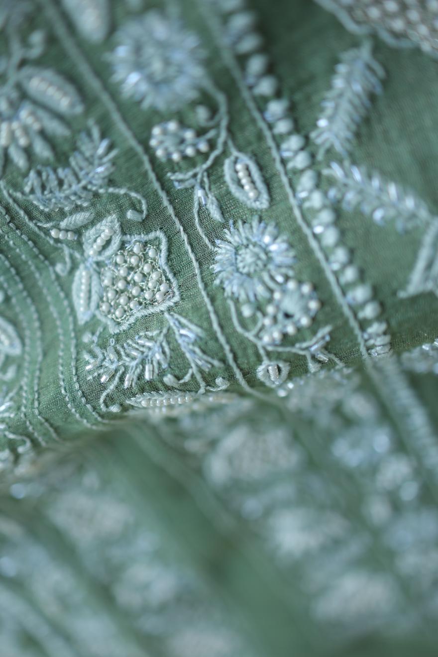 Greyish Teal Tissue Silk Chikankari Unstitched Fabric
