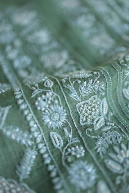 Greyish Teal Tissue Silk Chikankari Unstitched Fabric