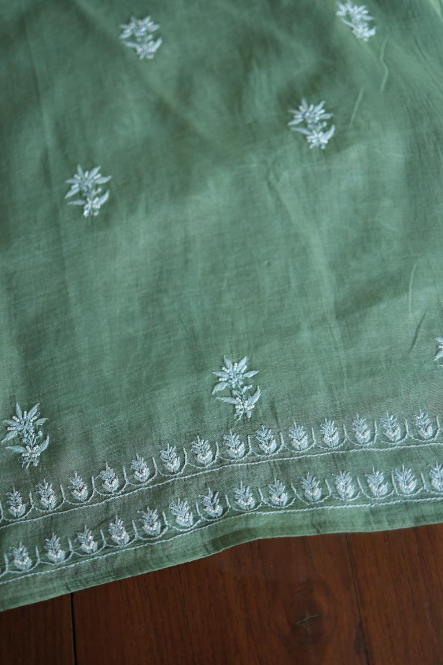 Greyish Teal Tissue Silk Chikankari Unstitched Fabric